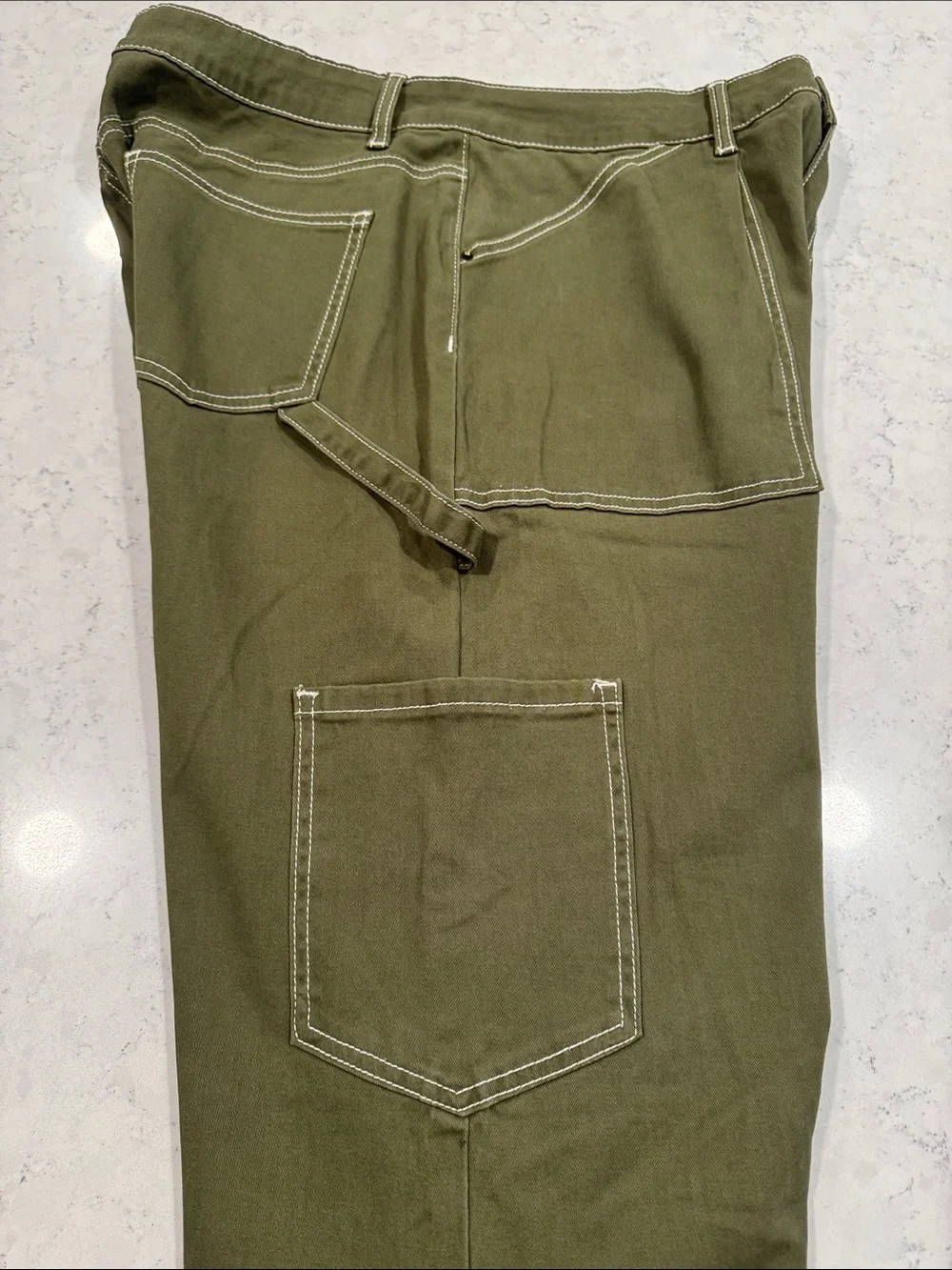 NWT DOKOTOO Sz 14 Olive Carpenter Utility Cargo High Waist White Stitch Stretch